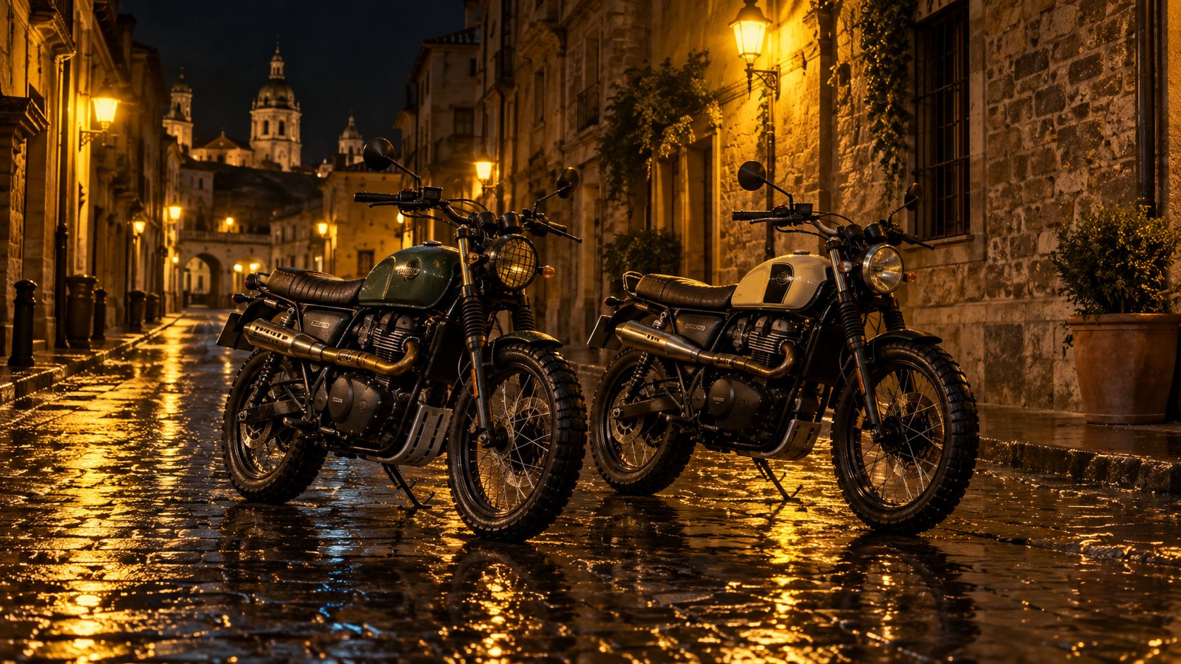 Classic scrambler on a wet Riga street at dusk